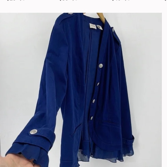 Chico's Romantic Chiffon Ruffle Hem Military Jacket Blue Stretch Sz 0 NWT - Picture 4 of 6